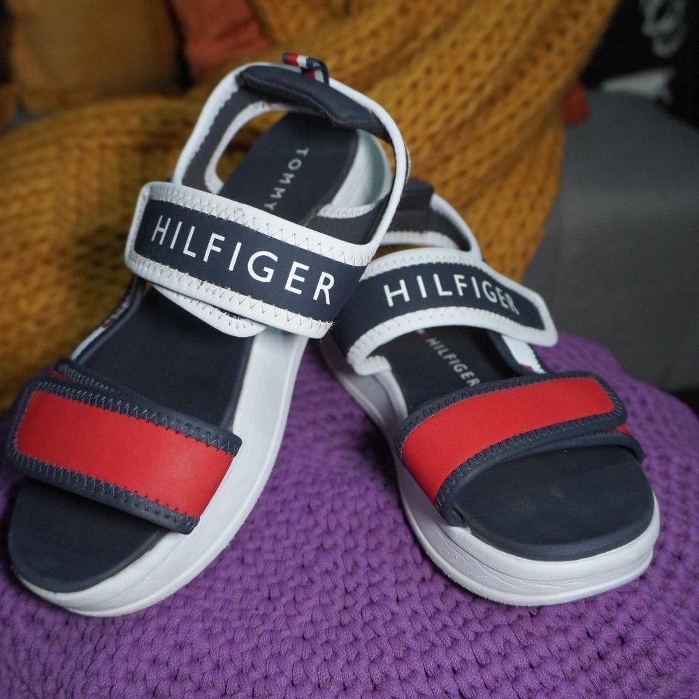 Tommy Hilfiger Kids Navy Blue Red Th Leomi Wedge Sandal Size 10 Inch Long
